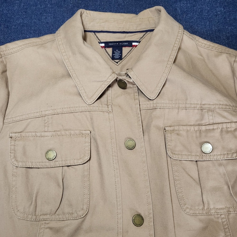 Tommy Hilfiger Tan Cotton Canvas Utility Field Jacket XL Faux Leather Patches